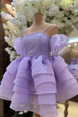 Lavender Cold Shoulder Straps Puff Sleeves Layers Homecoming Dress