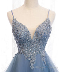 Blue Sweetheart Tulle Lace High Low Prom Dress, Blue Homecoming Dress