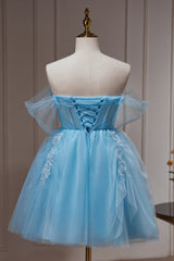 Blue Off The Shoulder Beading Appliques Tulle Short Homecoming Dresses