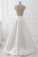 A Line Brush Train Deep V Neck Sleeveless Beading Prom Dresses