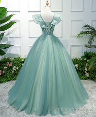 Green V Neck Tulle Long Prom Dress, Green Evening Dress