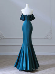 Simple Off Shoulder Satin Ink Blue Long Prom Dress, Ink Blue Long Formal Dress