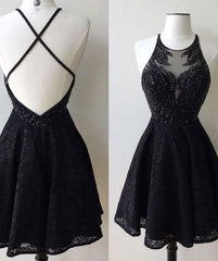 A-Line Jewel Backless Short Black Lace Homecoming Dress 2025 with Beading