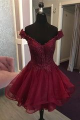 Off the Shoulder Short Burgundy Homecoming Dress