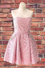 Strapless Lace Pink Homecoming Dress with Pockets