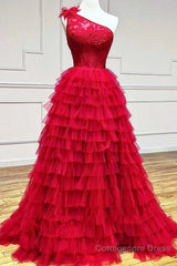 Red One Shoulder Corset Tiered Long Prom Dress with Ruffles