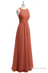 Rust Orange Crew Neck Backless A-Line Long Bridesmaid Dress