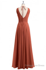 Rust Orange Crew Neck Backless A-Line Long Bridesmaid Dress