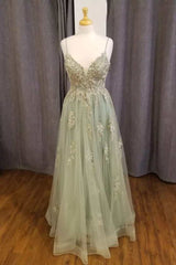 Sage Green Floral Appliques Straps A-Line Prom Dress