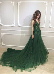 Dark Green Low Back Beaded Lace V-neckline Party Dress, A-line Prom Dress