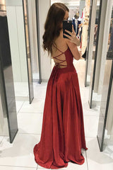 Red Spaghetti Straps V-neck Long Prom Dress, Shiny A Line Party Gown