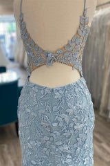 Light Blue Appliques Plunge V Short Homecoming Dress