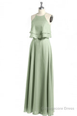 Sage Green Chiffon Halter Ruffle A-Line Long Bridesmaid Dress