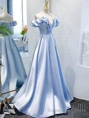 Blue A Line Off Shoulder Long Prom Dress, Blue Evening Dress