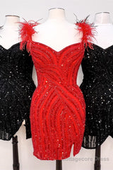 Red V Neck Feathers Sequins Sheath Homecoming Dress