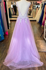 Lilac A-line Beaded Appliques Sleeveless Plunging V Neck Tulle Long Prom Dress