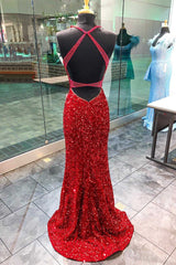 Red Sequin Plunge V Backless Mermaid Long Prom Dress with Slit