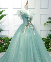 Green V Neck Tulle Long Prom Dress, Green Evening Dress