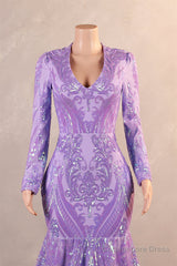 V-Neck Long Sleeve Zipper Sequins Mermaid Sweep Train Evening Dress