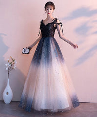 Black Sweetheart Tulle Sequin Long Prom Dress, Black Evening Dress