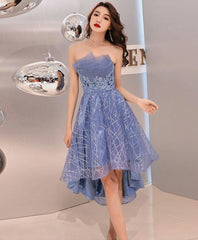 Blue Tulle High Low Prom Dress, Blue Homecoming Dress