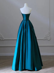 Simple Blue Satin Strapless Prom Dress