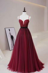 Burgundy Tulle Beaded Long Prom Dress, A-Line Spaghetti Strap Evening Dress