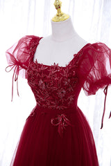 Burgundy Short Sleeve Tulle Tea Length Prom Dress, A-Line Party Dress