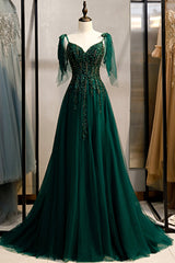 Green V-Neck Lace Long Prom Dresses, A-Line Evening Dresses