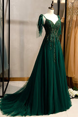 Green V-Neck Lace Long Prom Dresses, A-Line Evening Dresses