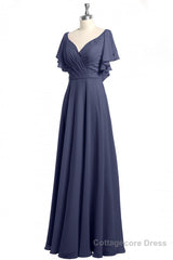 Navy Blue V-Neck Backless Ruffled A-Line Long Dress