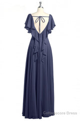 Navy Blue V-Neck Backless Ruffled A-Line Long Dress