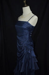 Dark Blue Vintage Floral Elegant Dress Asymmetrical Hem Prom Gown