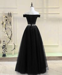 Black Tulle Sequin Long Prom Dress, Black Tulle Evening Dress