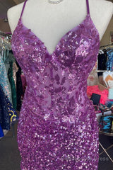 Purple Straps Sequined Embroidery Sheath Homecoming Dress