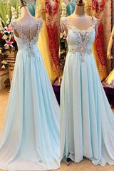 A-Line/Princess V-Neck Sleeveless Sweep/Brush Train Chiffon 2025 Blue Prom Dresses