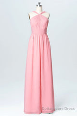 Pink Chiffon Halter Backless A-Line Long Bridesmaid Dress