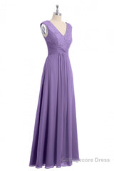 Lavender V-Neck Twist-Front A-Line Long Bridesmaid Dress