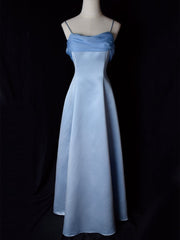 Vintage Blue Satin Spaghetti Straps Gown Elegant Dress