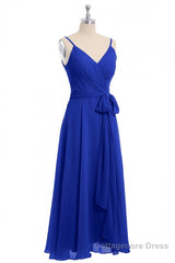 Royal Blue V-Neck Spaghetti Straps Tea-Length Bridesmaid Dress