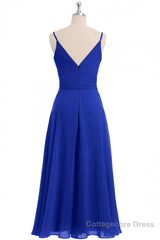 Royal Blue V-Neck Spaghetti Straps Tea-Length Bridesmaid Dress