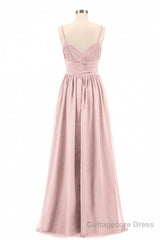 Dusty Pink Spaghetti Straps Banded Waist Long Bridesmaid Dress