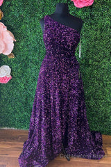 Purple Sequin One-Shoulder Backless A-Line Long Prom Dress