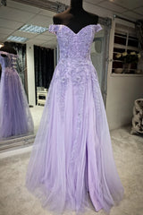 Lilac Off-the-Shoulder Appliques Tulle Long Prom Dress with Slit