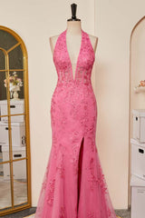 Pink Plunging Halter Appliques Mermaid Long Prom Dress with Slit