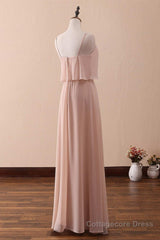 Blush Pink Spaghetti Strap Ruffled Long Bridesmaid Dress