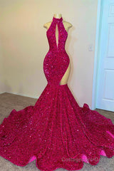 Sparkle Sequined Fuchsia High neck mermaid Keyhole asymmetric cut Prom Dress