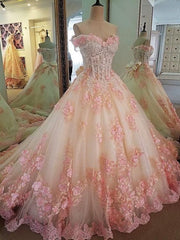 Sweet 16 Dresses Pink Lace Floral Prom Dresses Ball Gown Off The Shoulder Elegant Beaded Luxury Prom Gown