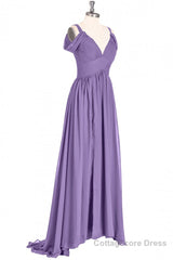 Lavender Cold-Shoulder Banded Waist Long Bridesmaid Dress