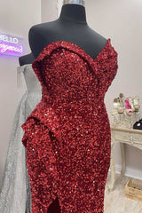 Asymmetrical Burgundy Sequin Strapless Mermaid Long Prom Dress with Slit